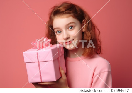 Excited pretty lady in dress holding gift boxes over color studio background. Celebrating Woman's Day, Valentine's, birthday, anniversary. Shopping for holiday concept. AI Generative. 105694657