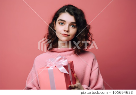 Excited pretty lady in dress holding gift boxes over color studio background. Celebrating Woman's Day, Valentine's, birthday, anniversary. Shopping for holiday concept. AI Generative. 105694658