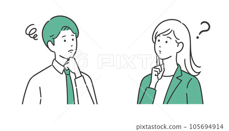 Illustration of a male and female business person thinking with a troubled expression Illustration of a male and female business person thinking with a troubled expression 105694914