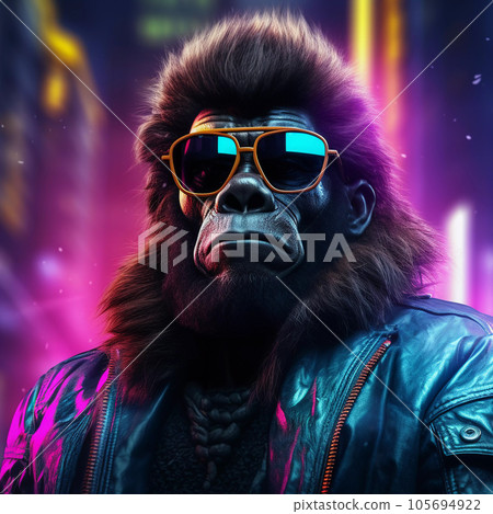 Epic Cyberpumk Gorilla Neon Retro Wave Style 105694922