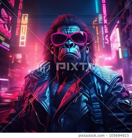 Epic Cyberpumk Gorilla Neon Retro Wave Style 105694923
