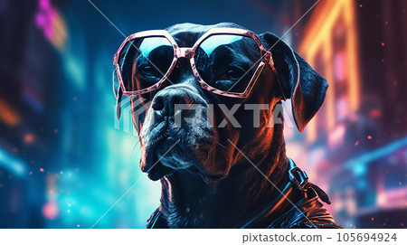 Epic Cyberpumk Dog Neon Retro Wave Style 105694924