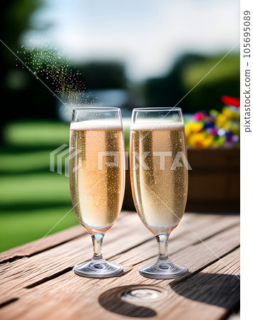 Realistic wedding champagne splash closeup sharp focus 105695089