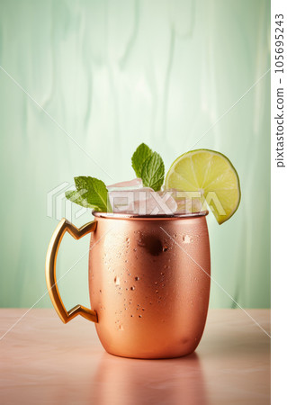 Moscow mule Cocktail with ice in a copper mug 105695243