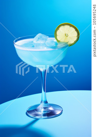 blue lagoon cocktail drink in cocktail glass on blue background blue lagoon cocktail drink in cocktail glass on blue background 105695248