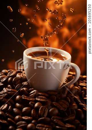 Coffee Cup and Beans on Wooden Table Coffee Cup and Beans on Wooden Table 105695250