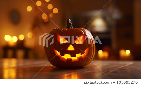 Halloween pumpkin head jack lantern with burning candles 105695270
