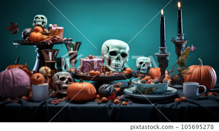 festive table decorated for halloween, selective color 105695278