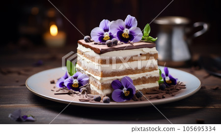Traditional italian dessert tiramisu decorated with edible flowers 105695334