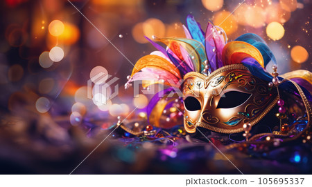 Carnival, Venetian Mask on a dark table, Masquerade Disguise Party, Shiny Gold Background Banner, Illustration Carnival, Venetian Mask on a dark table, Masquerade Disguise Party, Shiny Gold Background Banner, Illustration 105695337