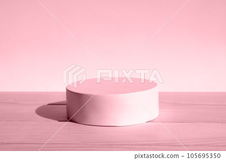 Podium for cosmetic product presentation. Abstract minimal geometrical form. Cylinder stone sphere one form, shadow. Scene to show products. Showcase, display. Trendy sunlight. Front view. 3D Podium for cosmetic product presentation. Abstract minimal geometrical form. Cylinder stone sphere one form, shadow. Scene to show products. Showcase, display. Trendy sunlight. Front view. 3D 105695350