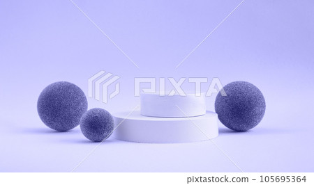 Podium for cosmetic product presentation. Abstract minimal geometrical form. Cylinder podium with green grass sphere, soft shadow. Scene to show products. Showcase, display case. Flat lay, side view Podium for cosmetic product presentation. Abstract minimal geometrical form. Cylinder podium with green grass sphere, soft shadow. Scene to show products. Showcase, display case. Flat lay, side view 105695364