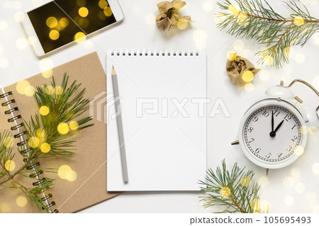 Back to life, goal list concept. Empty notebook with pencil, clock and phone. Resolutions, plan, goals, checklist idea concept. Top view, flat lay copy space. 2022. Christmas, New Year Back to life, goal list concept. Empty notebook with pencil, clock and phone. Resolutions, plan, goals, checklist idea concept. Top view, flat lay copy space. 2022. Christmas, New Year 105695493