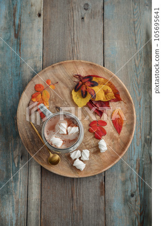 Cup of delicious hot cocoa with marshmallow and autumn colorful leaves 105695641