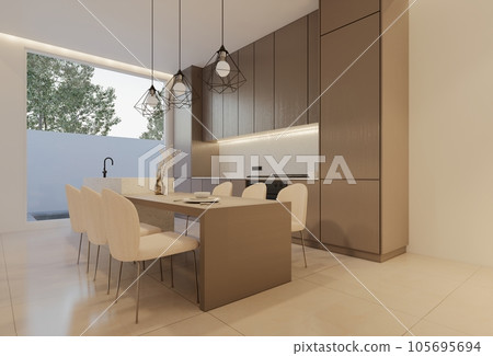 Minimal white kitchen and dining table. 3D illustration rendering Minimal white kitchen and dining table. 3D illustration rendering 105695694