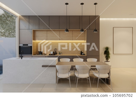 Minimal white  kitchen and dining table. 3D illustration rendering 105695702