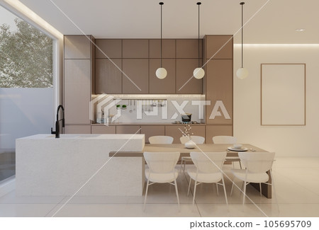 Minimal white  kitchen and dining table. 3D illustration rendering 105695709