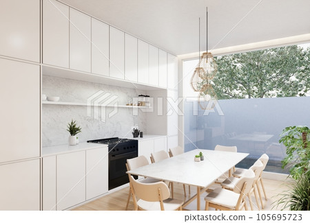 Minimal white  kitchen and dining table. 3D illustration rendering 105695723