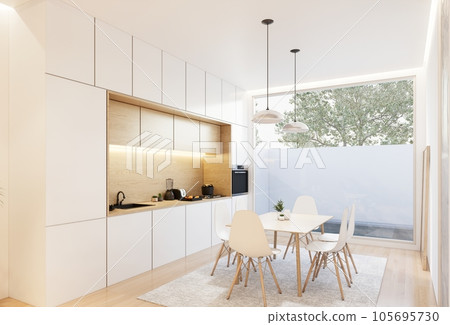 Minimal white  kitchen and dining table. 3D illustration rendering 105695730