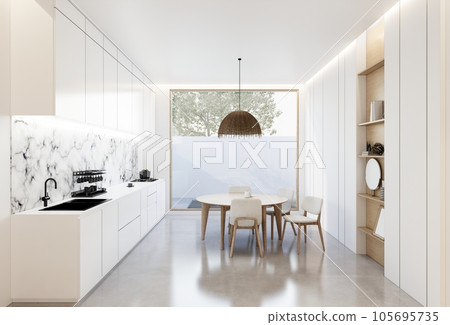 Minimal white  kitchen and dining table. 3D illustration rendering 105695735