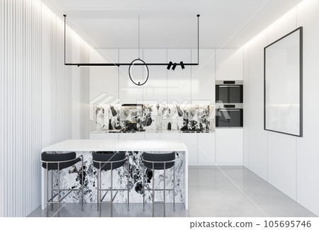 Minimal white  kitchen and dining table. 3D illustration rendering 105695746