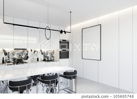 Minimal white  kitchen and dining table. 3D illustration rendering 105695748
