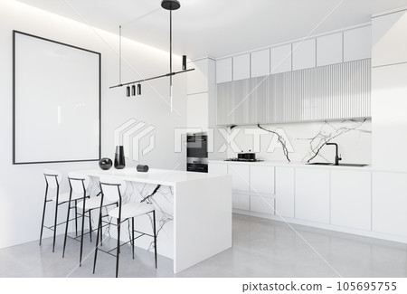 Minimal white  kitchen and dining table. 3D illustration rendering 105695755