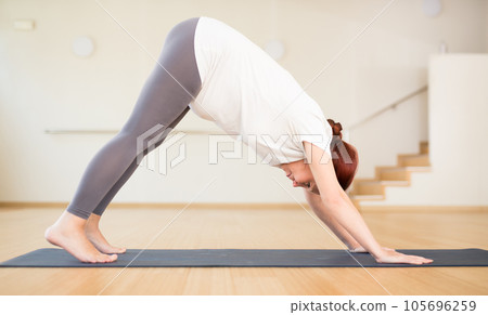 Pregnant woman is engaged in yoga. Downward Dog Pose or Adho Mukha Svanasana 105696259