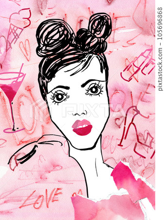 Watercolor female abstract collage at red, pink and black color. Hand drawn contemporary portrait for print wall art decor, retro style. Abstract collage shapes. Watercolor female abstract collage at red, pink and black color. Hand drawn contemporary portrait for print wall art decor, retro style. Abstract collage shapes. 105696868