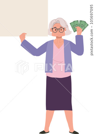 Financial Concept. Full Length Senior Lady Illustration with Money Fan and Signboard. Financial Concept. Full Length Senior Lady Illustration with Money Fan and Signboard. 105697095