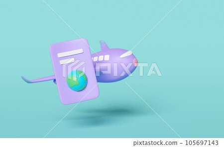 3d passport or international travel for tourism with airplane isolated on blue background. 3d render illustration 3d passport or international travel for tourism with airplane isolated on blue background. 3d render illustration 105697143