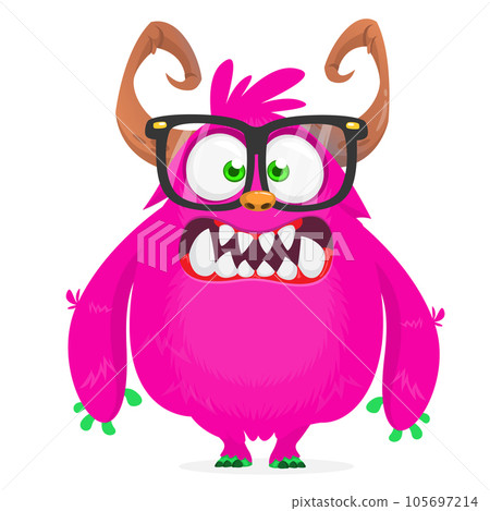 Funny cartoon furry monster character. Illustration of cute and happy mythical alien 105697214