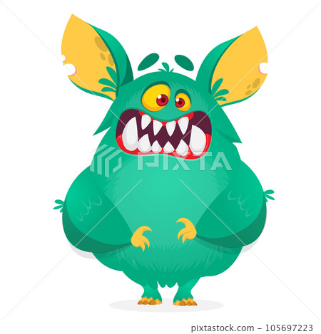 Funny cartoon furry monster character. Illustration of cute and happy mythical alien 105697223