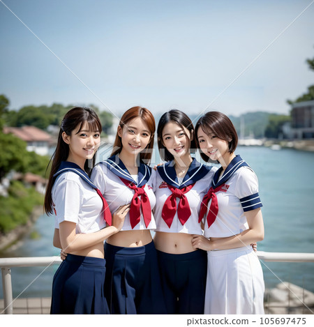 4名高中女生，制服，水手服，微笑，大海，AI圖像 105697475
