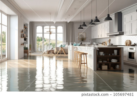 Flooded floor in kitchen from water leak. Damage. Property insurance. Generative AI Flooded floor in kitchen from water leak. Damage. Property insurance. Generative AI 105697481
