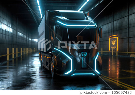 Electric truck in a futuristic environment. Truck with neon lights. Generative AI Electric truck in a futuristic environment. Truck with neon lights. Generative AI 105697483