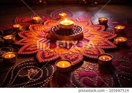 Lamps lit during diwali celebration. Lighting candles in rangoli patterns. AI generated 105697514