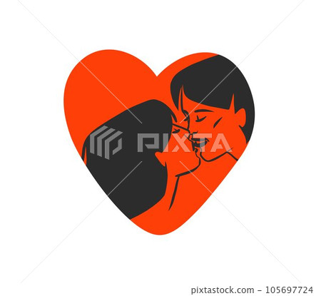 Hand drawn vector abstract graphic illustration Valentines day cards template, drawing kissing couple portrait set in heart silhouette.Love couple kissing together.Valentines beautiful design concept. 105697724