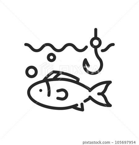 Fishing With Bait Icon. Vector Outline Editable Sign of Fish and Hook Underwater. Linear Minimal Illustration. Fishing With Bait Icon. Vector Outline Editable Sign of Fish and Hook Underwater. Linear Minimal Illustration. 105697954