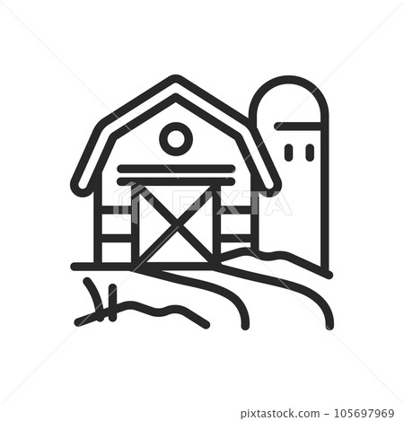 Off Grid Icon. Vector Outline Editable Sign of Serene Rural Landscape with Cozy Cottage and Quaint Barn. Linear minimal Illustration. 105697969