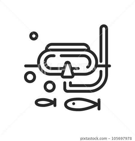 Snorkeling Icon. Vector Outline Editable Sign of Underwater Adventure with Fish and Snorkel Mask. Linear Minimal Illustration. 105697978