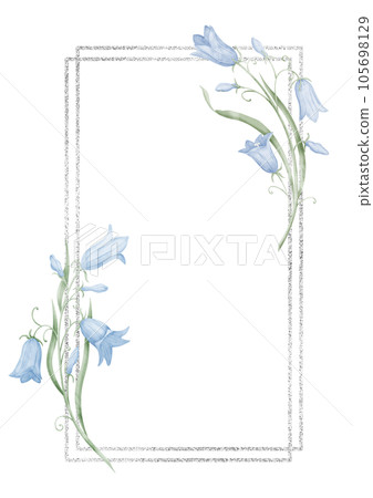 Frame with Bluebell Flowers. Hand drawn watercolor illustration with blue bell on isolated background. Floral Template for greeting cards or wedding invitations. Botanical Border with wild campanula. Frame with Bluebell Flowers. Hand drawn watercolor illustration with blue bell on isolated background. Floral Template for greeting cards or wedding invitations. Botanical Border with wild campanula. 105698129