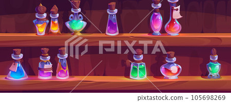 Magic bottle with potion on lab shelf game vector 105698269