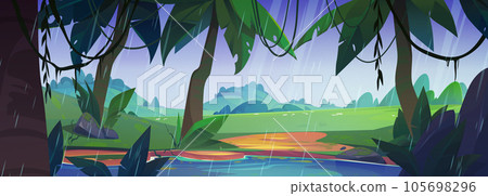 Rain in tropical forest with lake 105698296
