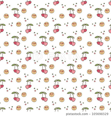 Pattern with smiles and cherries. Cute seamless pattern y2k with smiles, cherries and circles. Cartoon doodle vector illustration. Pattern with smiles and cherries. Cute seamless pattern y2k with smiles, cherries and circles. Cartoon doodle vector illustration. 105698329