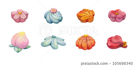 Watercolor hand drawn set of traditional Japanese sweets. Seasonal nerikiri wagashi. Isolated on white background. Design for invitations, restaurant menu, greeting cards, print, textile. 105698340