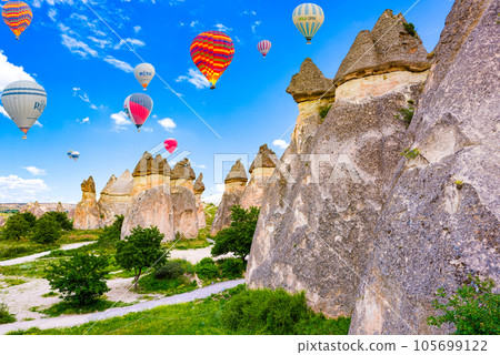 Air balloons place in Cappadocia-Fairy Chimneys (Pasabag Valley). Air balloons place in Cappadocia-Fairy Chimneys (Pasabag Valley). 105699122