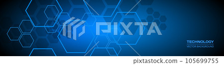 Dark blue technology abstract wide background with hexagonal elements. Dark blue technology abstract wide background with hexagonal elements. 105699755