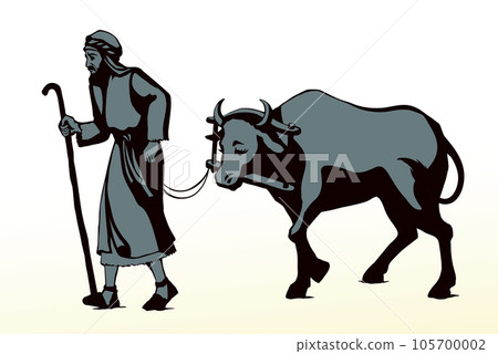 Vector drawing. A man leads an ox Vector drawing. A man leads an ox 105700002