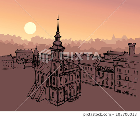 Vector drawing. Medieval cathedral in the center of the city square 105700018
